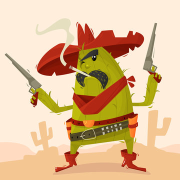 Cocky character cactus cowboy with revolvers in the desert in the Wild West. Children s illustration