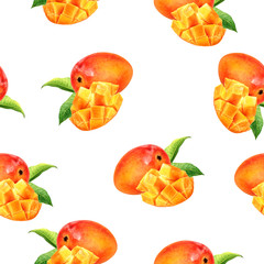 Mango hand drawn watercolor illustration. Seamless pattern.