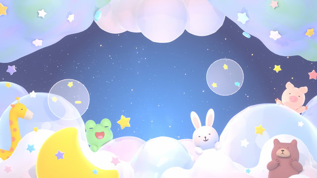 Sweet dream of cute animals. Soft pastel gradient color clouds, stars, bubbles, and yellow crescent moon at night. 3d rendering picture.