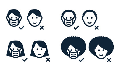 Set of male, female faces, heads with protective medical mask.