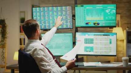 Bearded stock market broker taking a sip of coffee
