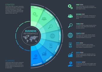 Business infographics with vector template of presentation step chart, process graph or options diagram with world map. Business strategy and planning flowchart or workflow with icons, text layouts