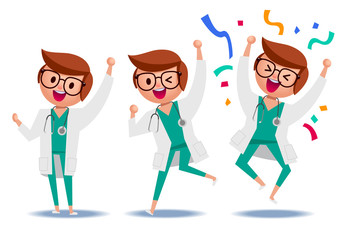 Vector set of cute doctor character wearing gown suit in happy, glad, emotion isolated on white background