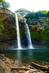 Rare view from beneath the Waimea Falls on Kauai, Hawaii