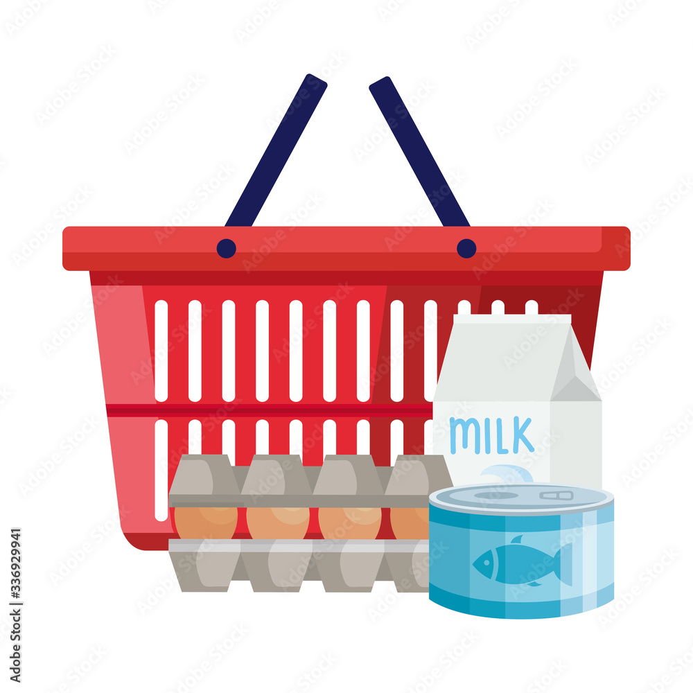 Sticker can tuna food with eggs and basket shopping vector illustration design