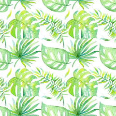 watercolor seamless pattern with tropical leaves