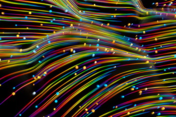 Neon glowing twisted cosmic lines on the glossy surface. Turbulence curls flow colorful motion. Fluid and smooth astronomy vortex swirl structure. 3d rendering Abstract creative modern background