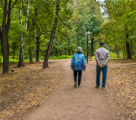 Obraz premium Elderly people walk together in the park in autumn.