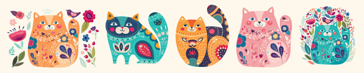 Cute spring collection with cats. Decorative abstract horizontal banner with colorful cats. Hand-drawn modern illustrations with cats and flowers