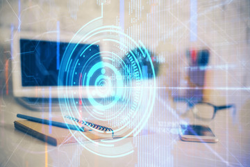 Fototapeta premium Double exposure of desktop computer and technology theme hologram. Concept of software development.