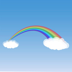 Rainbow in the blue sky between two clouds. Vector illustration.
