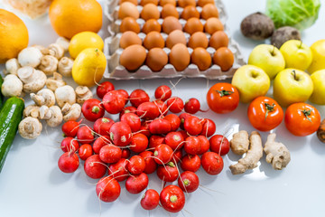 Fresh farmers market fruit and vegetable products. Photo from above. Dieting concept. Healthy food concept.