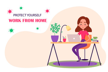 Girl is working from home office on quarantine. A woman is freelancing at home with laptop at the table and protecting herself from coronavirus. Cartoon vector illustration for web designers