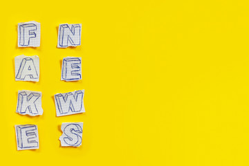 Paper art banner on yellow backdrop in style zine wiht words fake news.