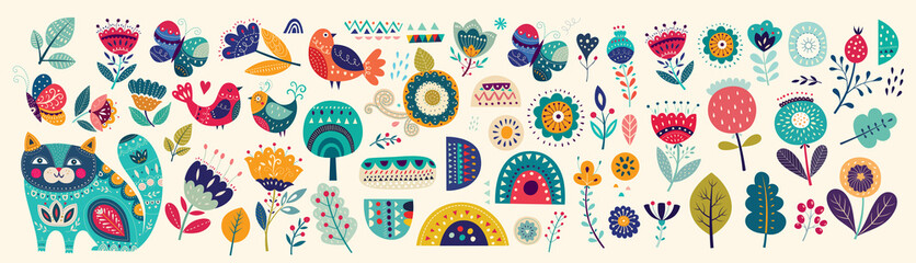 Big collection of flowers, leaves, birds, cat and spring symbols and decorative elements