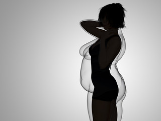 Conceptual fat overweight obese female vs slim fit healthy body after weight loss or diet with muscles thin young woman on gray. A fitness, nutrition or fatness obesity, health shape 3D illustration