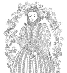 Coloring book for adults with beautiful medieval lady