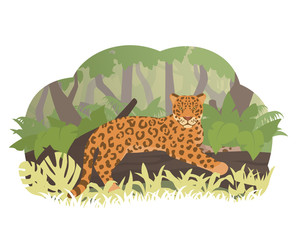 Cartoon jaguar lying on a tree in jungle. Stock vector illustration. Rainforest inhabitants.