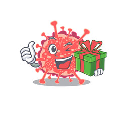 Smiling polyploviricotina cartoon character having a green gift box