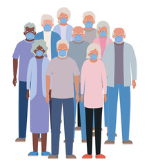 Elder women and men with masks against Covid 19 vector design