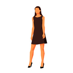 Woman standing in short brown summer dress, flat design geometric vector illustration. Front view