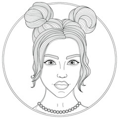 Girl with a beautiful hairstyle.Coloring book antistress for children and adults. Illustration isolated on white background.Zen-tangle and doodle style. Black and white drawing