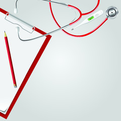 Medical set. Stethoscope, digital thermometer, clipboard, pencil. Realistic style.