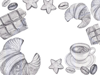 Sketch pencil line Icons of Americano coffee beans cinnamon drink chocolate bars star cookies Illustrations design for restaurant, cafe, bar, coffeehouse, coffee shop