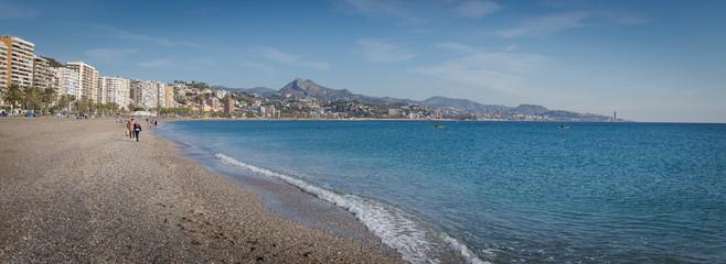 Wide panorama of Malagueta beach in Malaga.