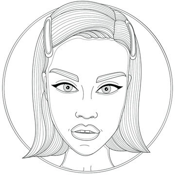 recommend clip art: Girl with hairpins.Coloring book antistress for children and adults. Illustration isolated on white background.Zen-tangle and doodle style. Black and white drawing