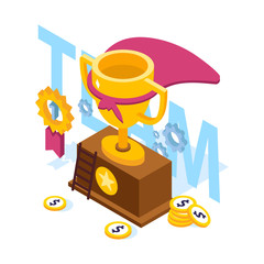 Collaboration is the construction of an agent group to create a team for team success. Web design banner. White isolated concept with flat isometric vector symbols. Teamwork. Cup. Competition.