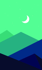 vector illustration of a night landscape, moon light and hills.