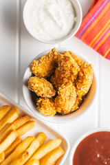Breaded fried chicken strips.