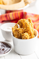 Breaded fried chicken strips.