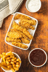 Breaded fried chicken strips.