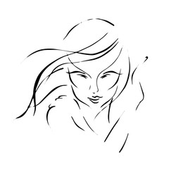 the girl covers her face. woman defends herself. Asian woman with flowing hair. vector drawing linart. isolated white