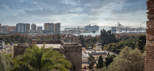 Malaga Spain wide panorama landscape and view of the port.