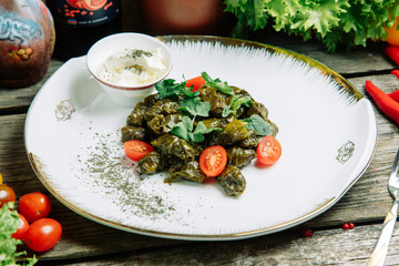 Azerbaijani restaurant dish with vegetable decor. At home on a plate with sauce and herbs.