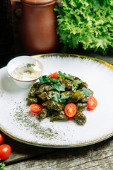 Azerbaijani restaurant dish with vegetable decor. At home on a plate with sauce and herbs.
