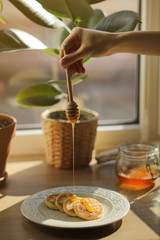 Cheesecakes or syrniki on a plate with honey, in the background a jar with honey and ficus. a woman pouring wooden spoon for honey which flows honey. Close up. selective focus