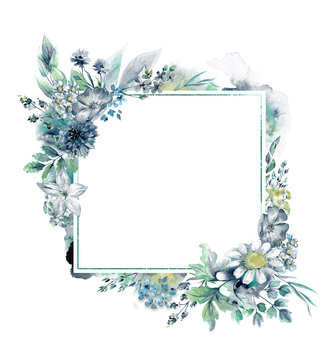 Beautiful square frame with hand drawn watercolor herbs and wildflowers