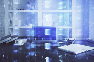 Technology theme drawing and work space with computer. Multi exposure. Concept of innovation.