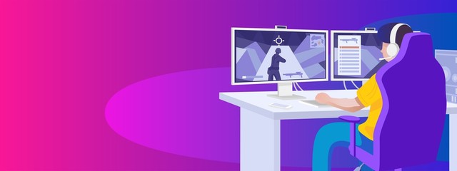 Flat design, Young gamer playing online video game wearing headphone.