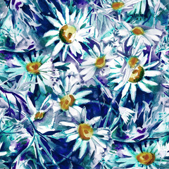 Camomiles Seamless Pattern. Watercolor Background.