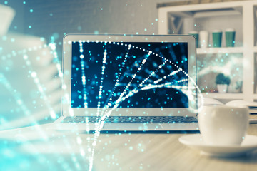 Desktop computer background and DNA drawing. Double exposure. Science concept.