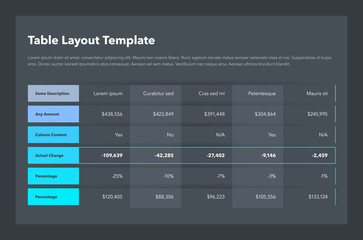 Modern business table layout template - dark version. Flat design, easy to use for your website or presentation.