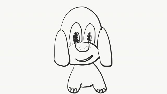 Black and white sketching process of a dog on a whiteboard animation