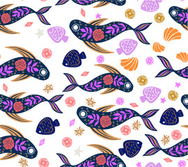 fish, ornament, pattern, water, underwater world, shell, starfish, star