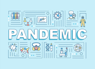 Fototapeta na wymiar Pandemic word concepts banner. Contagious virus outbreak. Global spread of disease. Infographics with linear icons on mint background. Isolated typography. Vector outline RGB color illustration