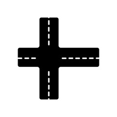 Obraz premium Crossroad black glyph icon. Intersection of roads. Crossing pavement ways. Junction of crosswalk. Urban infrastructure. Crossed motorway. Silhouette symbol on white space. Vector isolated illustration